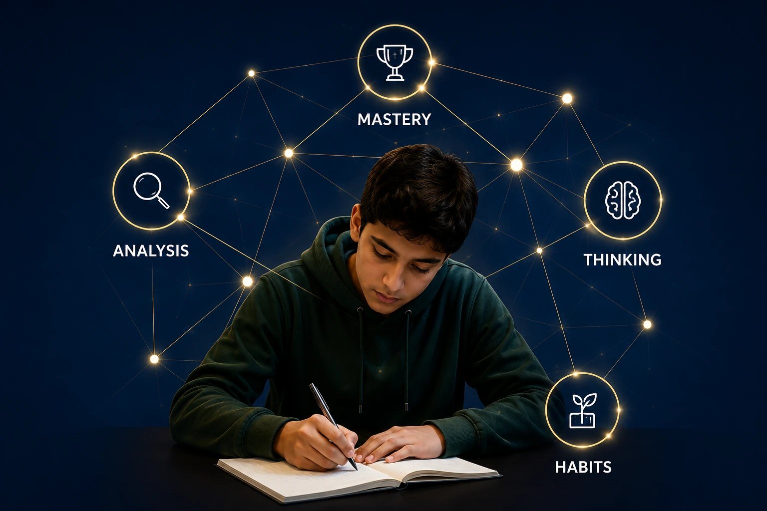 Student studying, surrounded by connected Mastery, Analysis, Thinking and Habits nodes